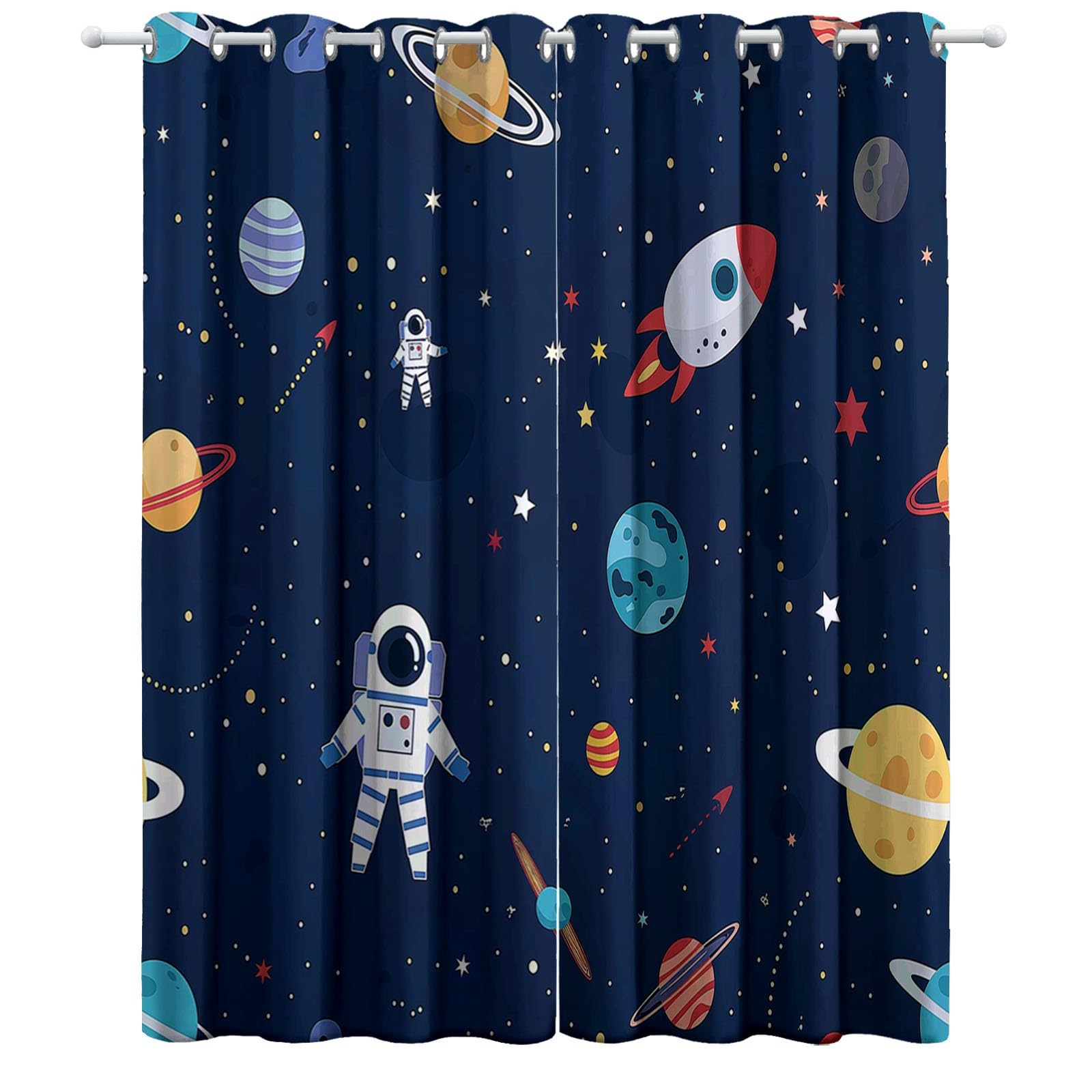 Blickdichte Vorhänge Drucken mit Ösen Wohnzimmer Gardinen Cartoon, Astronauten, Universum Muster Ösenvorhang Thermovorhang für Schlafzimmer 2er Pack Modern Schlafzimmer Gardine H 245 x B 100 cm Bunt