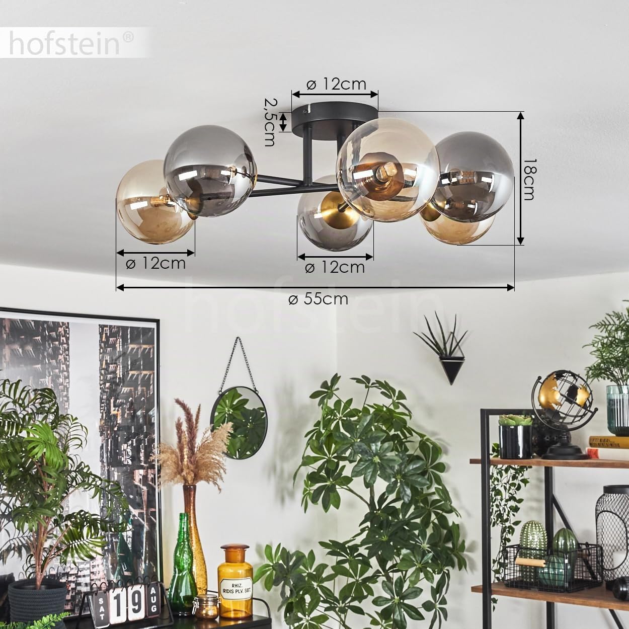 Hofstein Chehalis - Lampada da soffitto in metallo/vetro in nero/oro/ambra/fumé, illuminazione in stile moderno retrò/vintage con paralumi in vetro (Ø 12 cm), 6 x G9