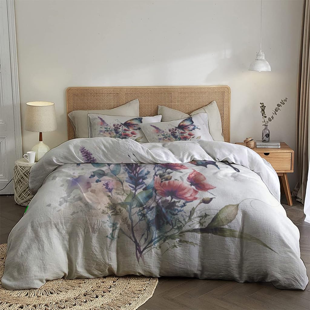 NIBAINLO 布団カバー水彩画-蝶-ラベンダーの花のテーマ 肌に優しい ピーチスキン加工 掛け布団カバー 和式 洋式 あったか 布団カバーセット リバーシブル ホームステイ ホテル 家庭兼用