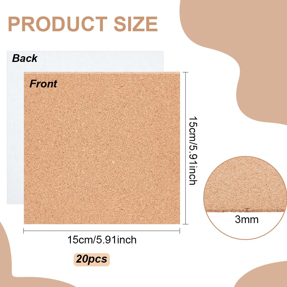 BENECREAT 20 Fogli Sughero Autoadesivi 15x15 cm 3 mm Bacheca Tappetino Sottobicchiere Decorazione