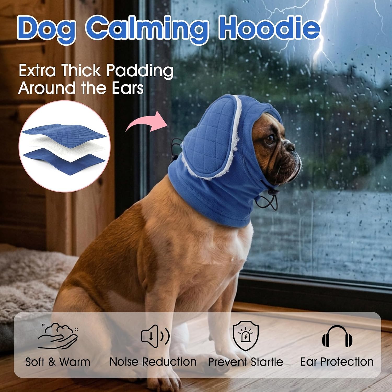 Dog Ear Muffs Noise Protection - Adjustable No Shake Ear Wraps, Warm Dog Calming Hoodie with Sound-Absorbing Pads, Anxiety Relief, Dog Ear Covers for Firework, Grooming, Travel (Blue, M)