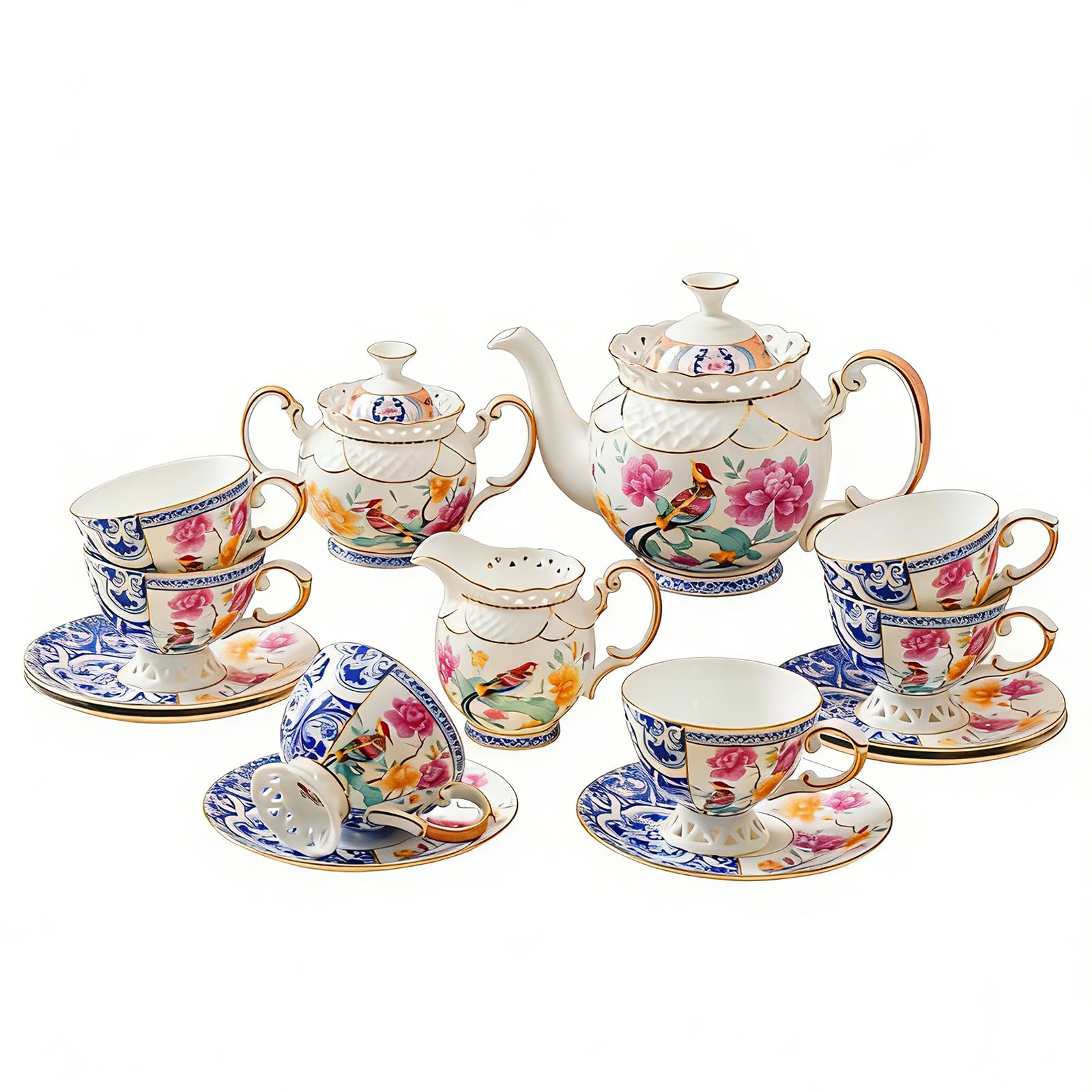 Photo 1 of PANAOAHU Bone China Tea Set, Vintage Tea Sets for Adults, 15-Piece Porcelain Tea Sets for 6, Floral Bird Tea Cup Set with Teapot, Sugar Bowl, Creamer Pitcher, Gold Trim, Perfect Gift for Tea Lovers
