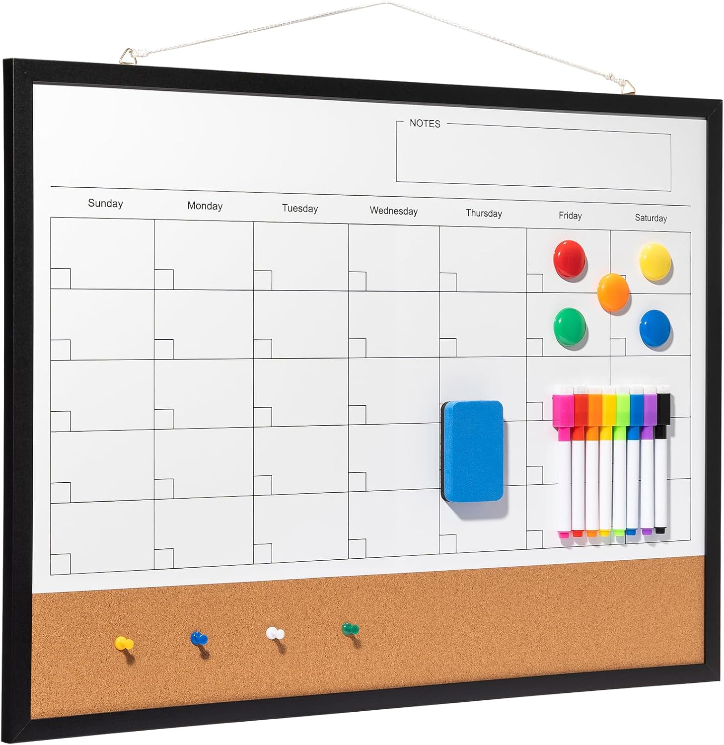 Dry Erase Calendar Whiteboard, 24" x 18" Magnetic Whiteboard Cork Board Combo, Reusable Monthly Planner with 8 Markers, Eraser, Magnets and Pushpins, Hanging Dry Erase Board for Home, School - Black