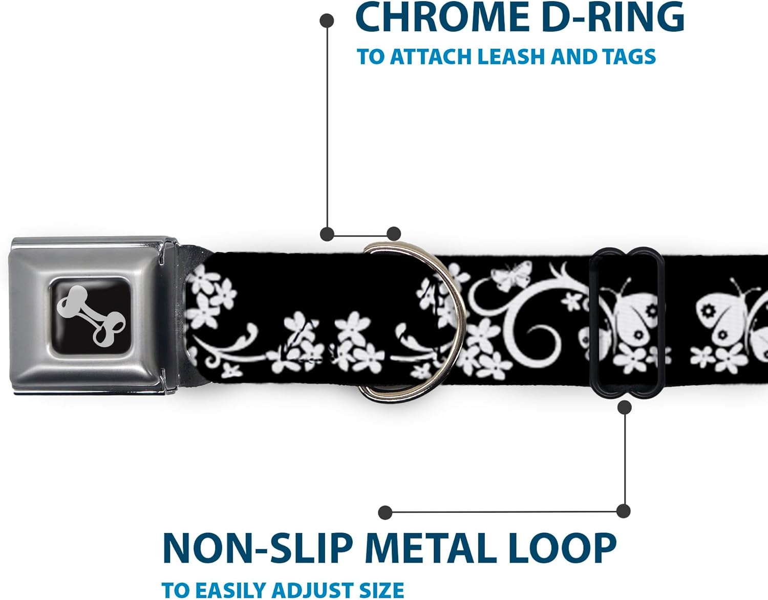 Buckle-Down Seatbelt Buckle Dog Collar - Butterfly Garden2 Black/White - 1" Wide - Fits 15-26" Neck - Large