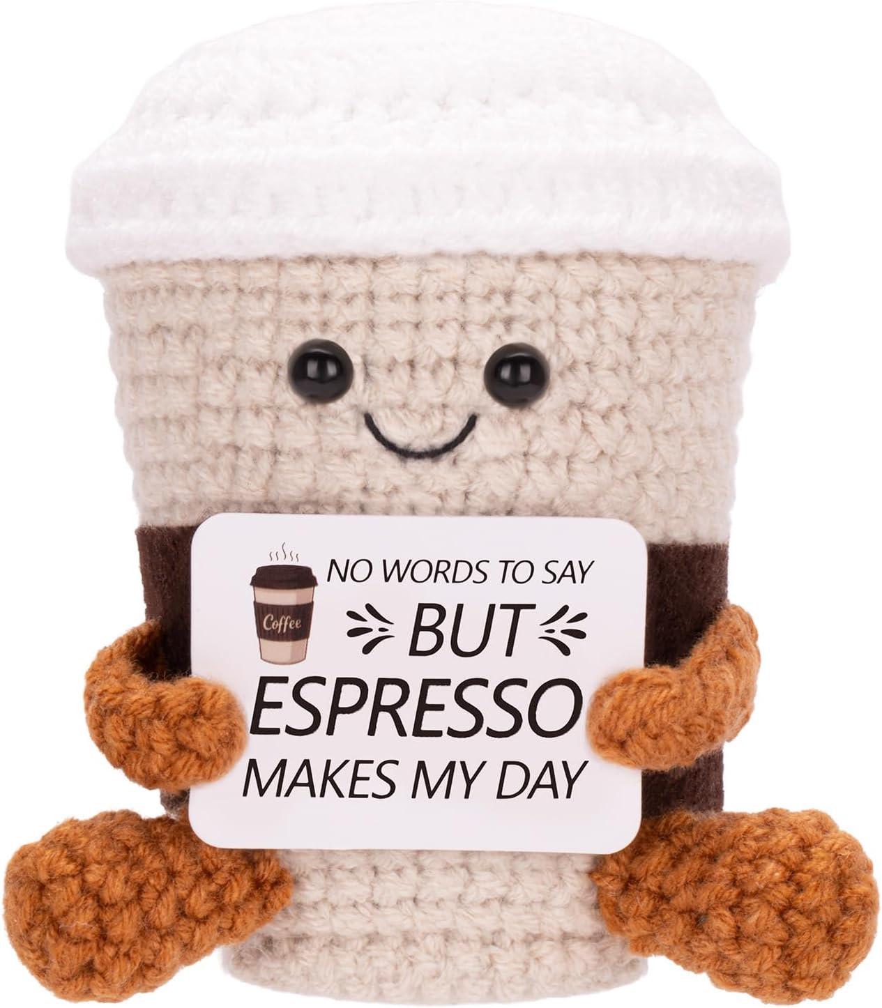 Positive Coffee Plush Doll Funny Handmade Crochet Cup with Uplifting Card, Unique Gifts for Coffee Lovers Women Friends Birthday Graduation (Espresso)