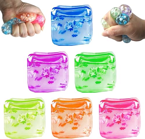 Paquete de 6 cubos de estrés con copos de nieve en el interior para adultos, sensorial, siempre vuelve a su forma cuadrada, cubo elástico para