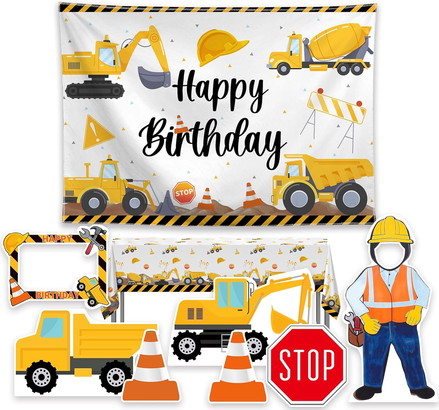 Allenjoy Under Construction Excavator Theme Birthday Party Supplies Decorations Backdrop for Boy Banner Photo Shoot Booth Prop Photography Background,7pcs Foam Board Cutout,1pc Tablecloth,1pc Backdrop