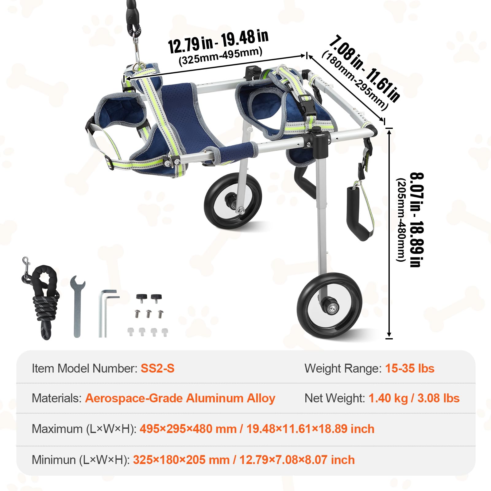 VEVOR Fauteuil Roulant pour Chien 2 Roues pour Pattes arrières, Fauteuil Roulant pour Animaux de Compagnie léger et réglable pour la guérison Membres postérieurs des blessés, handicapés, paralysie, S