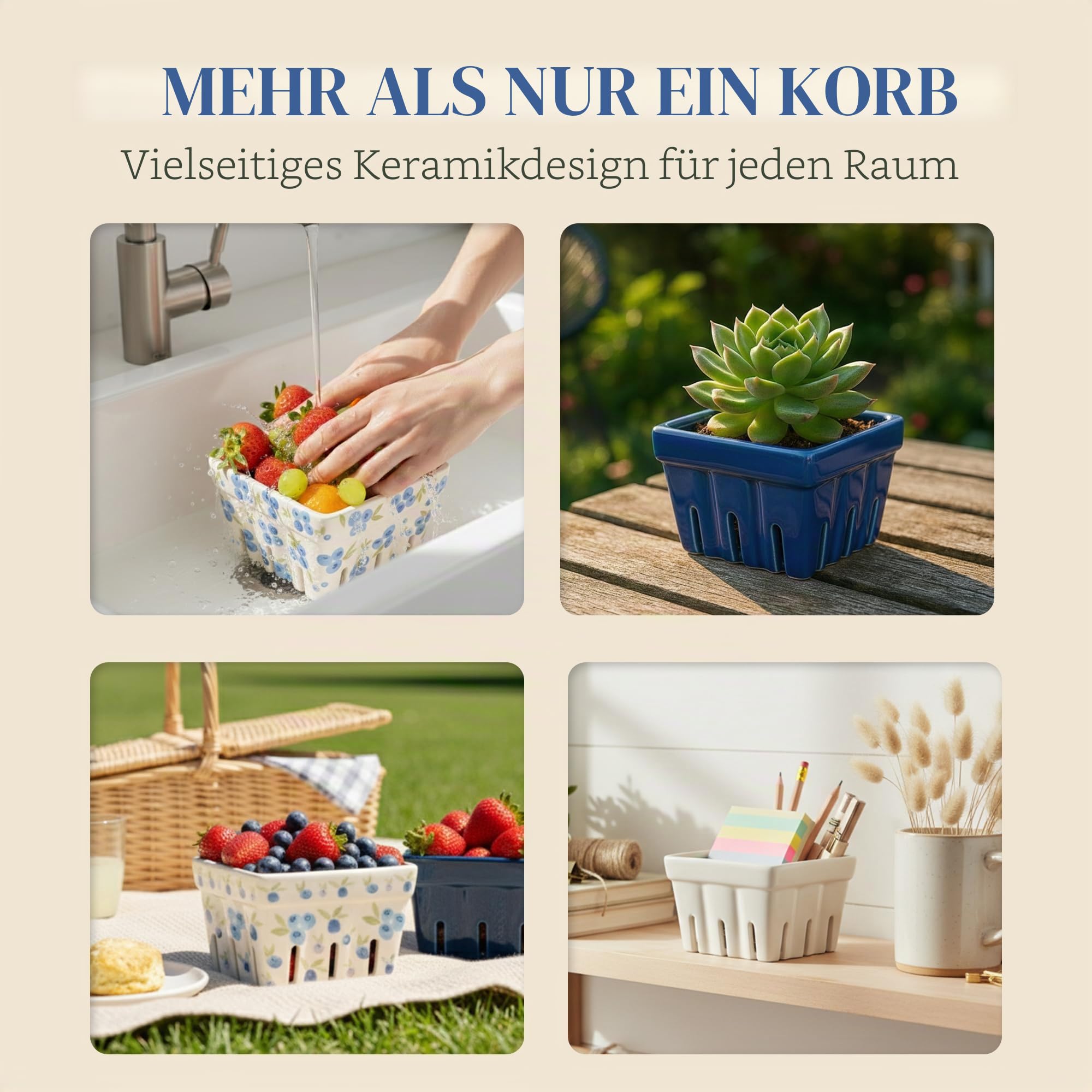 Farmhouse Keramik-Beerenkorb, Sieb, Farmers Market quadratische Schüssel rustikale Küchendekoration Obstschalen Obstkörbe Bleu Weiß und Blaubeere Muster Steingut Ernteschalen Set von 4 | Blaue, weiße und Blaubeer-Designs, Steingut, spülmaschinenfest, abtr