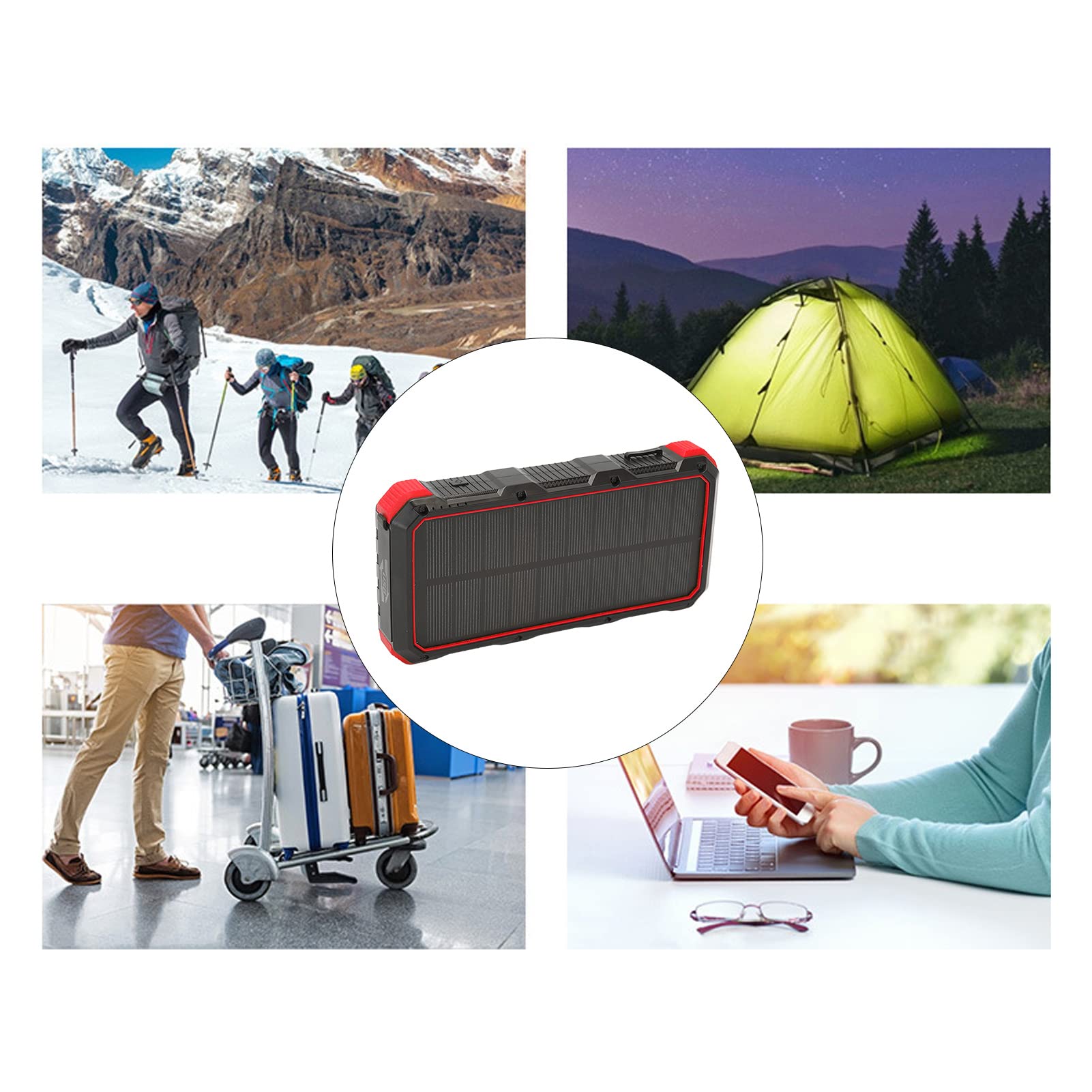 Chargeur Solaire ABS Phone Power Bank 36800 MAh Chargeur de Banque d'énergie Solaire 5 V 3 A avec 3 Ports USB Lumière LED et Entrées Multiples pour Camping, Randonnée, Voyage, (Rouge)