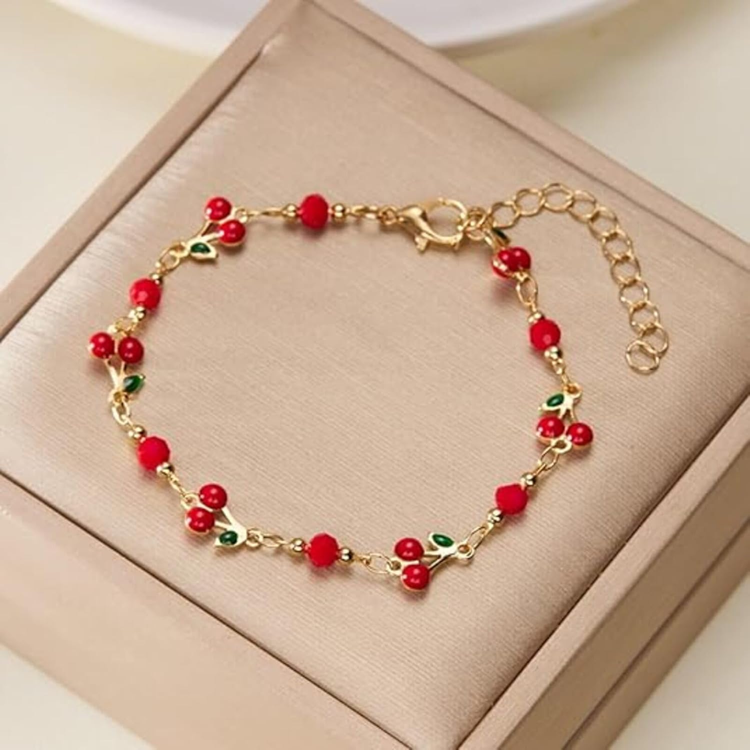 Cherry Bracelet for Women Gold Evil Eye Link Bracelet Dainty Flower Daisy Bracelets Pearl Butterfly Heart Charm Bracelets Adjustable Summer Beach Jewelry - Image 6