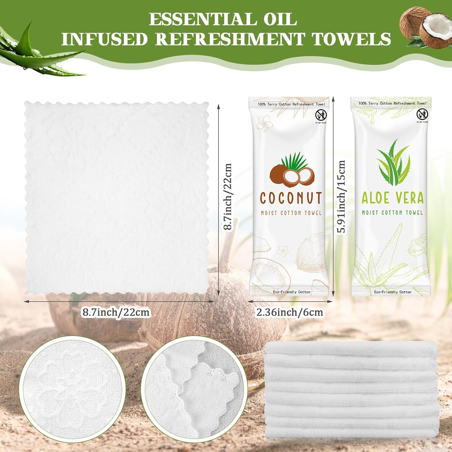 Timgle 50 Pcs Moist Towelettes Individually Wrapped Scented Disposable Face Towels Essential Oil Infused Moist Terry Cotton Towel for Use Hot or Cold Travel Body Spa (Aloe Vera, Coconut)