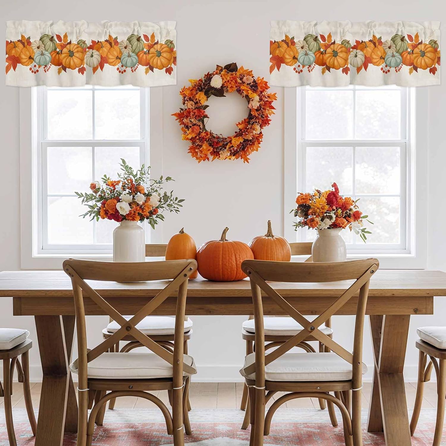 Kitchen Cafe Valance Curtain for Small Windows,Thanksgiving Pumpkin Fall Leaves Rod Pocket Blackout Curtains,Farm Berry Harvest on Burlap Darkening Window Treatment for Living Room Bedroom Bathroom