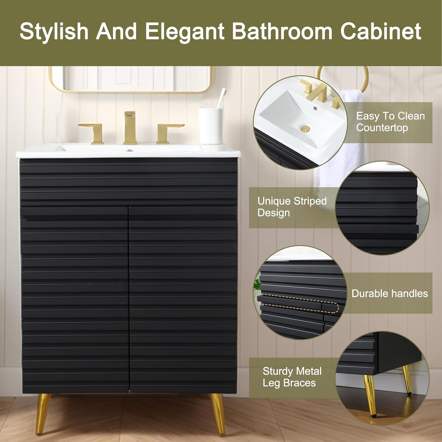 24 Inch Black Bathroom Vanity with Ceramic Sink, Modern Bathroom Cabinet with Soft-Close Doors, Space-Saving Design for Small to Medium Bathrooms