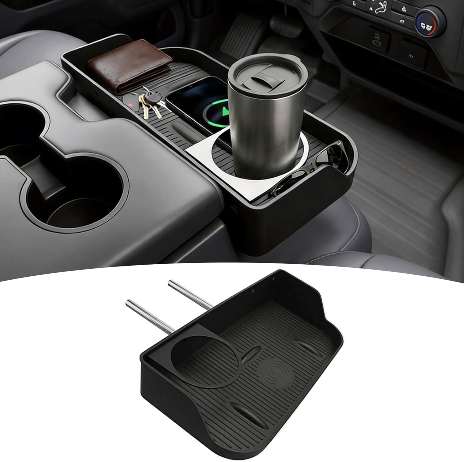 Jump Seat Headrest Tray with 15W Wireless Charger for 2011-2026 Ford F150 F250 F350 F450 F550 F650 - Center Console Organizer, 2 Detachable Cup Holders, Anti-Slip Mats