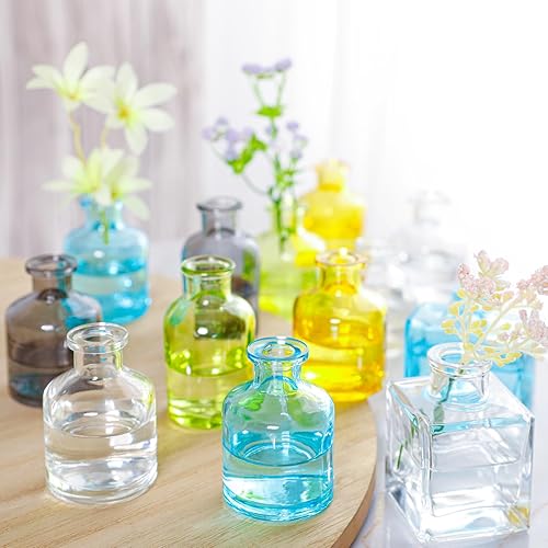 Mini jarrones de flores pequeños, juego de 20 jarrones de cristal coloridos, centros de mesa rústicos vintage para bodas, eventos y decoración del