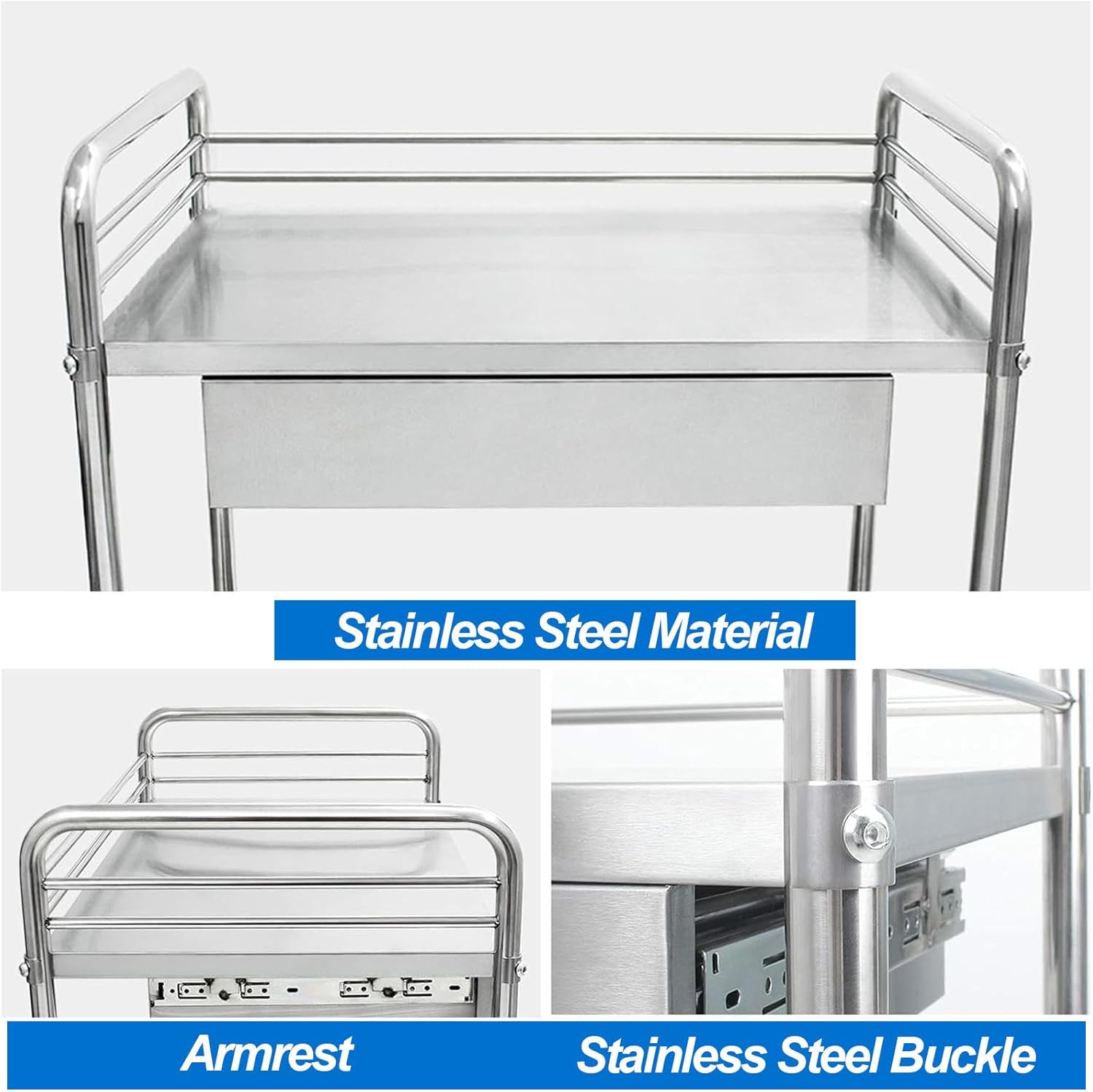 Lab Serving Cart, Stainless Steel Cart with Three-Story Rolling Cart & One Drawers, 360° Silent Omnidirectional Lockable Wheel for Lab, Spas