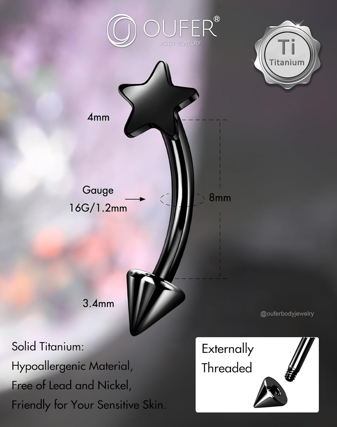 OUFER Rook Piercing Jewelry, G23 Solid Titanium Eyebrow Rings, Heart Vertical Labret Lip Jewelry, 16G Curved Barbells, Daith Rook Earrings for Women Men - Image 4