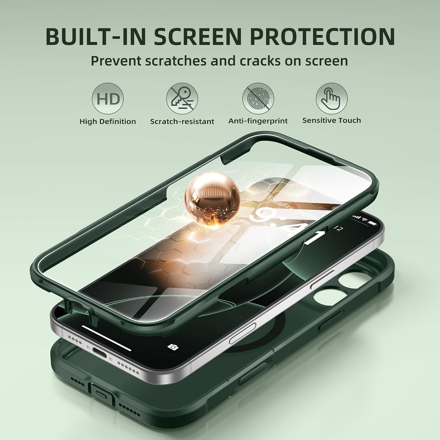 BERFY for iPhone 16 Pro Max Case, Compatible with MagSafe, Built-in Glass Screen Protector, Camera Protection, Shockproof Full Body Phone Case 6.9", Translucent Deep Green thumbnail