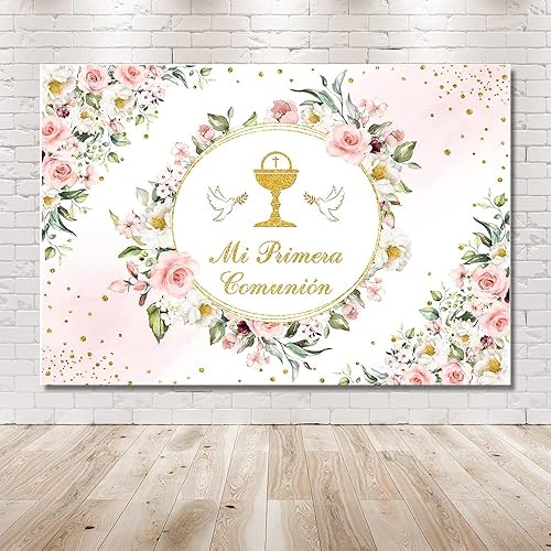Miniatura 6 de MEHOFOND Telón de fondo de bautismo mexicano Mi Primera Comunión Bautizo Oro Purpurina Floral Dios bendiga Banner Primera Comunión Fondo Fotografía