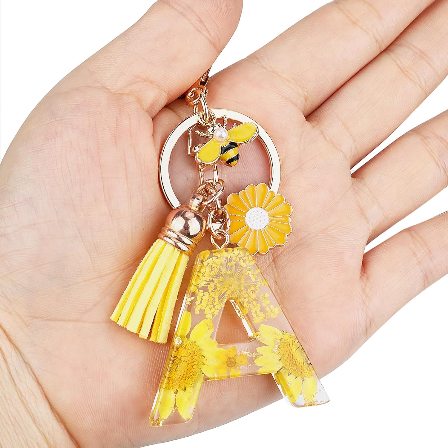 Initial Letter Keychain Resin Alphabet Keyrings,Yellow Petals Gold Foil Key Ring Key Chain Charm - Image 6