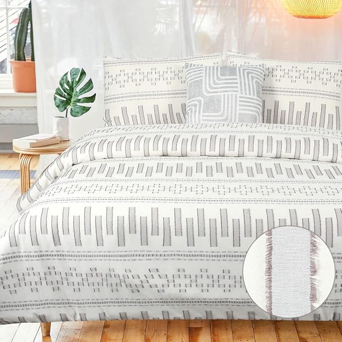 Boho Duvet Cover GEO King Ivory Grey Textured Cotton Farmhouse Bedding Set Geometric Pattern Jacquard Clipped Yarn Dyed Tufted Cream Moroccan Mid Century Modern Vintage 104x90