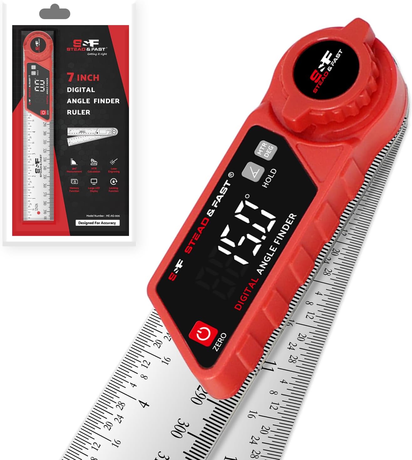 S&F Stead & Fast Angle Finder Tool Digital 7 Inch / 200 mm, Advanced Compound Miter Saw Protractor Stainless Steel with Case, Digital Angle Gauge with Extra Large White LED Display