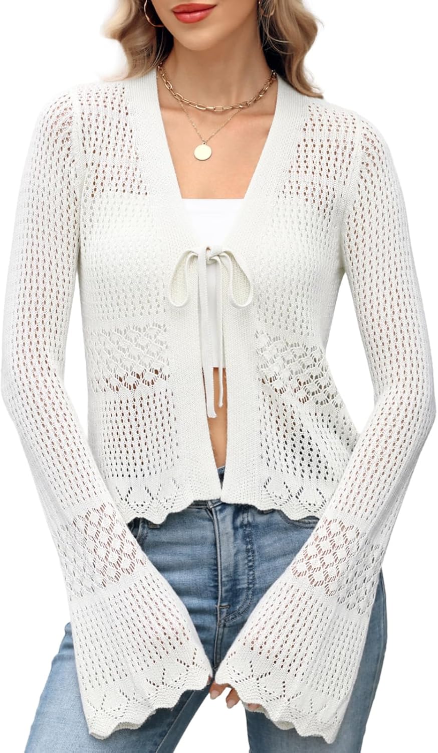 ZANZEA Womens Crochet Cardigan Tie Front Shrug Sweater Bell Sleeves Lightweight Summer Knit Boho Cardigan Tops