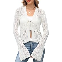 ZANZEA Womens Crochet Cardigan Tie Front Shrug Sweater Bell Sleeves Lightweight Summer Knit Boho Cardigan Tops