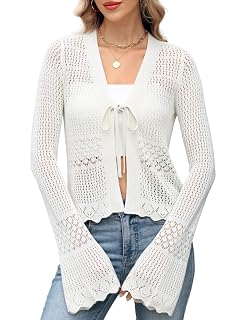 ZANZEA Womens Crochet Cardigan Tie Front Shrug Sweater Bell Sleeves Lightweight Summer Knit Boho Cardigan Tops