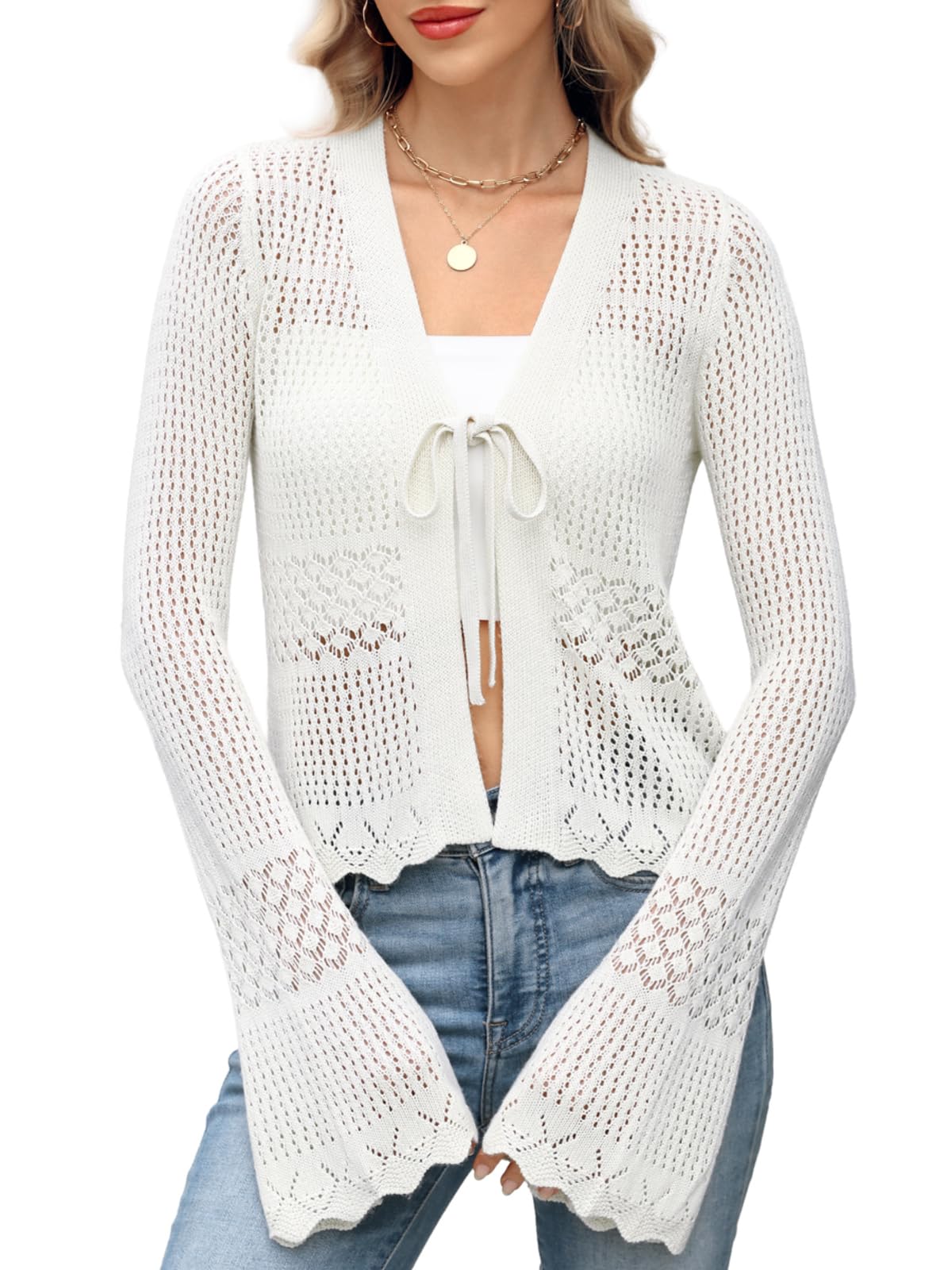 ZANZEA Womens Crochet Cardigan Tie Front Shrug Sweater Bell Sleeves Lightweight Summer Knit Boho Cardigan Tops