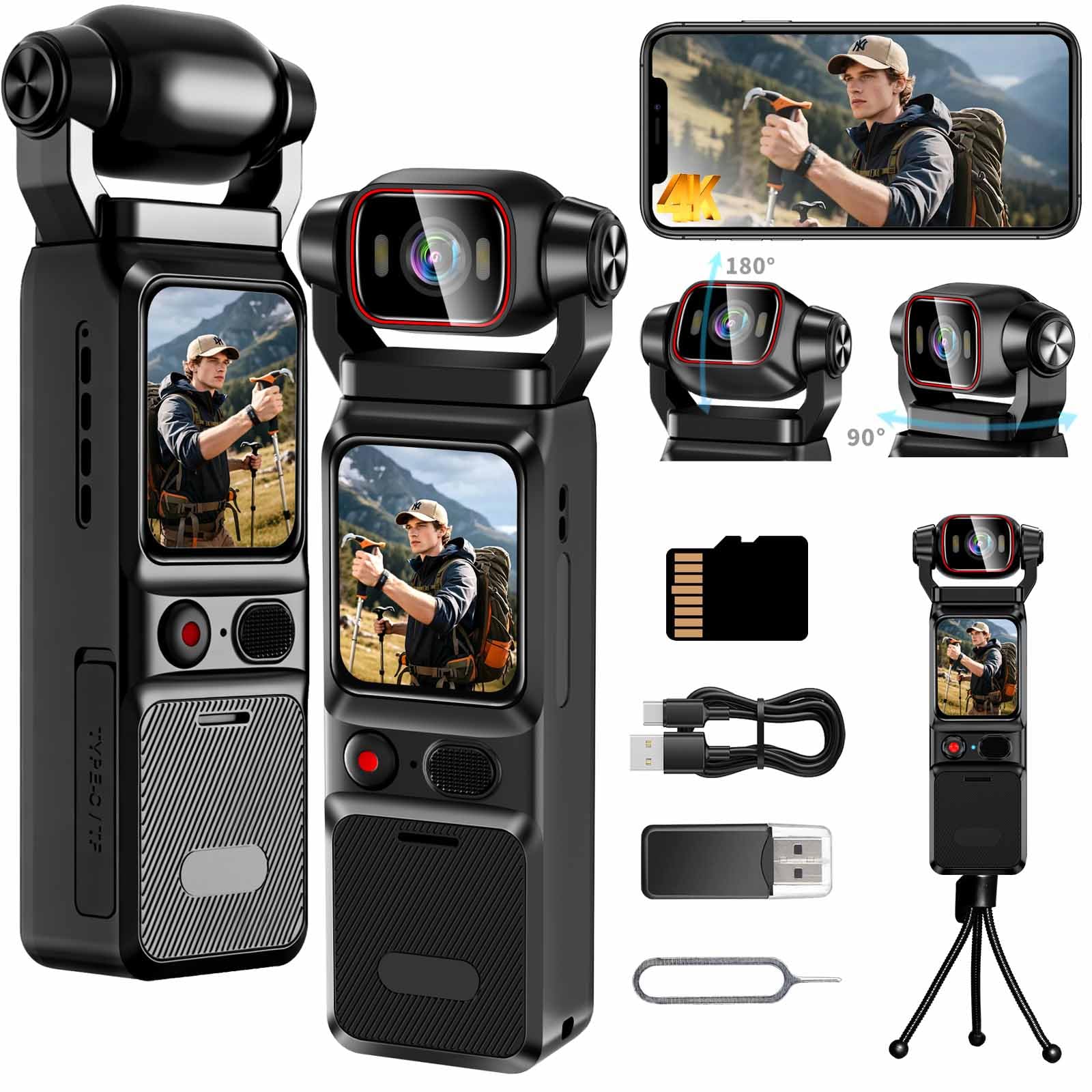 Caméra d'action WiFi 4K, Caméra Vidéo Sportive 160°, Caméra Portable de Poche avec Objectif Rotatif à 180° et Écran Tactile de 1,69 Pouces, Caméra Vidéo Numérique pour Vlog de Voyage