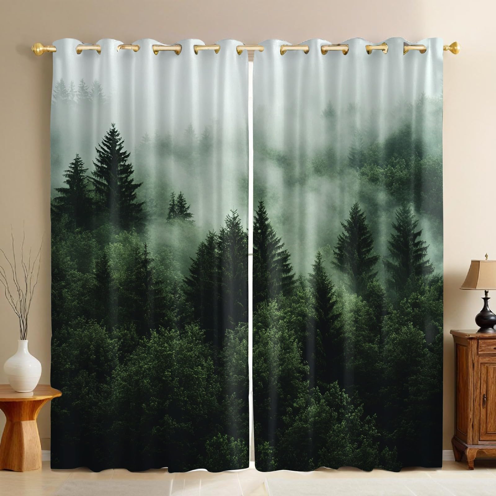 Paire de rideaux occultants et phoniques imprimé vert forêt 140x175 cm de haute qualité