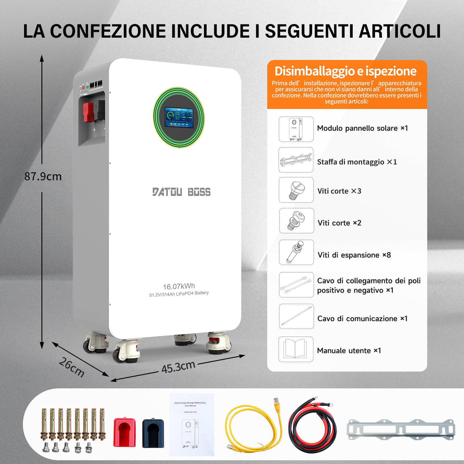 DATOUBOSS Batería LiFePO4 48V 314Ah 16,07kWh ciclo profundo, BMS 200A pantalla LCD RS485/CAN, almacenamiento solar para hogar, autocaravana fuera de red