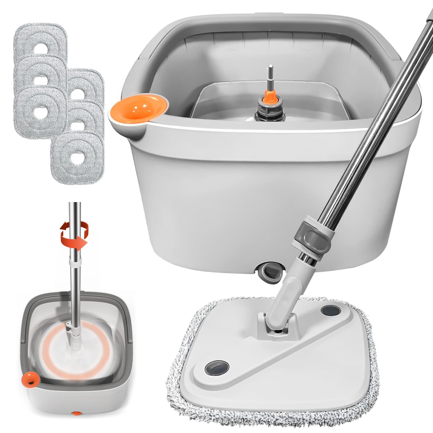 Spin Mop and Bucket Set with Self Separation Dirty and Clean Water System Self Wringing 360° Rotating Clean Mop-Head for Hardwood Tile Marble Floors (Mop Set with 6 Pads)-Grey