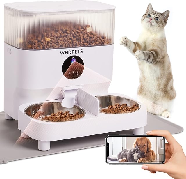 Automatic Cat Feeders, WHDPETS WiFi Pet Feeder with 1080P Camera for 2 Cats & Dogs, 5L Aotu Dog Food Dispenser with Feeding Mat, Portion Control, Dual Power Supply, Voice Recorder, 2.4G Wi-Fi Enabled