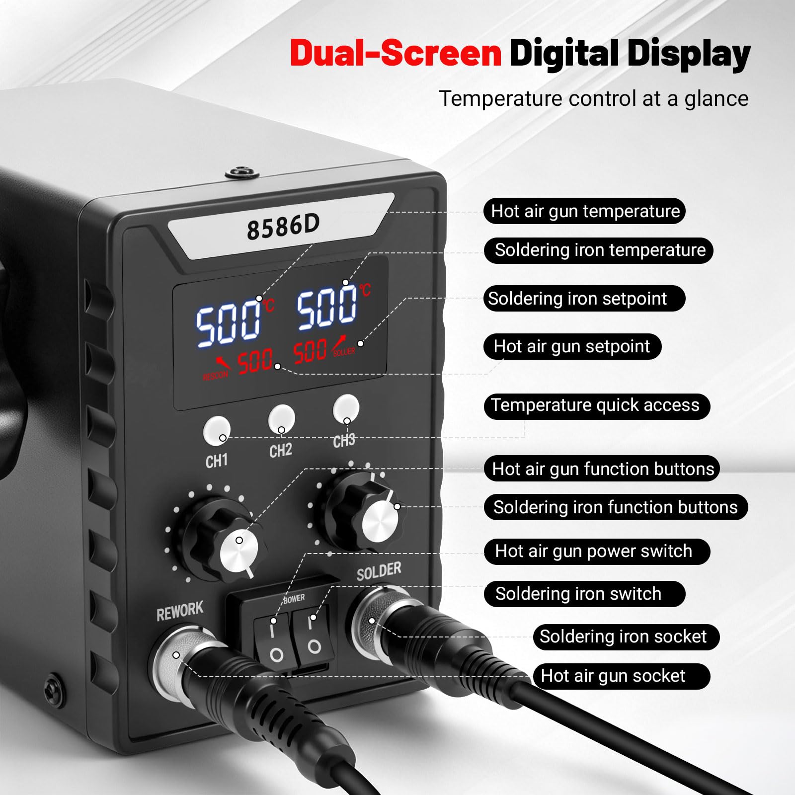 RUIZHI Stazione di Saldatura 2 in 1 Kit Saldatore 100–500°C | Pistola ad Aria Calda 700W con Doppio Display LED, Set di Saldatura per Scuole, Laboratori e Riparazioni