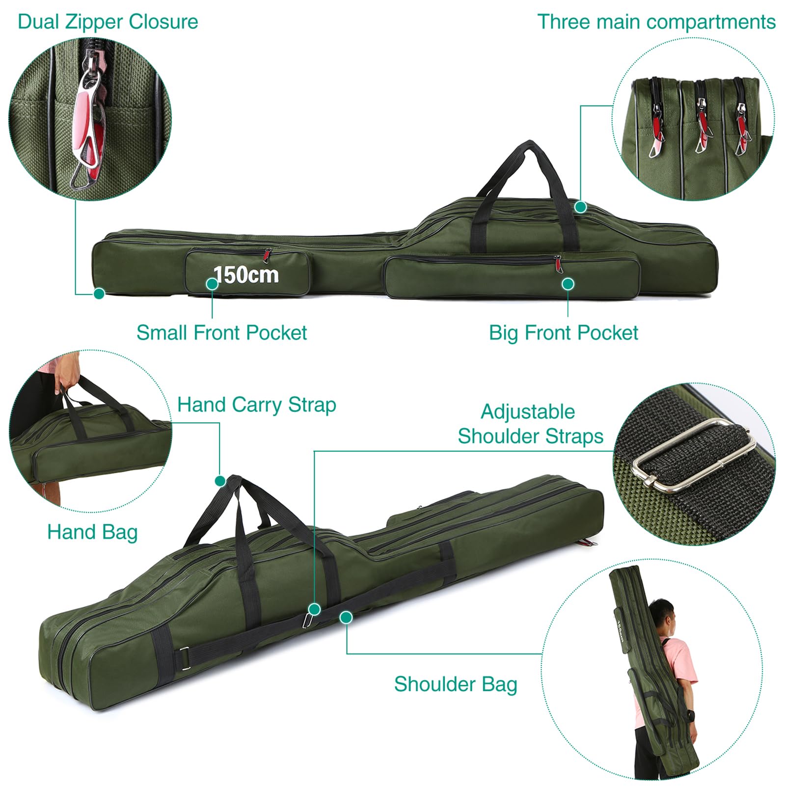 150 cm, 3 strati, borsa per canna da pesca, portatile, pieghevole, borsa per il trasporto