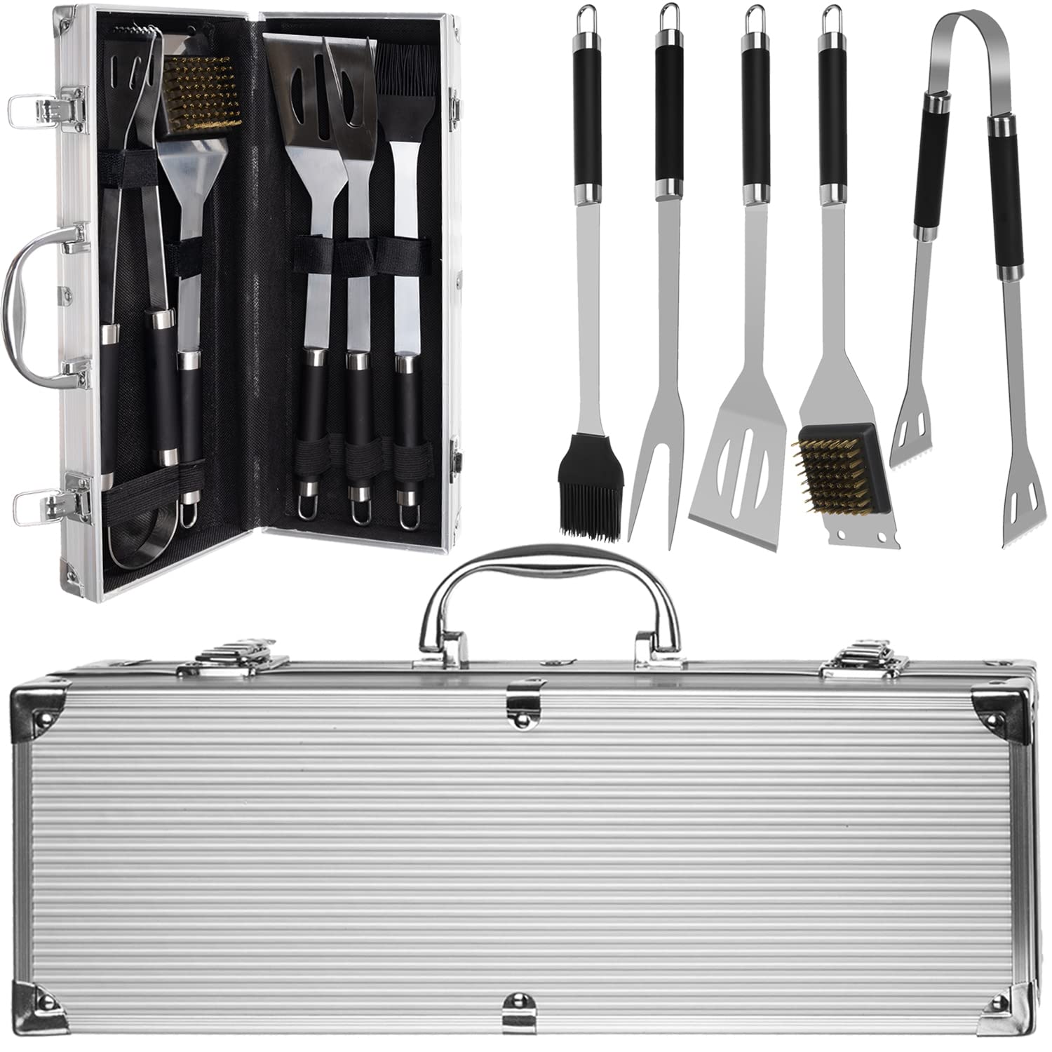 KAMINER Set di 5 posate per barbecue con valigetta in acciaio inox, accessori per barbecue, paletta per carne 18307