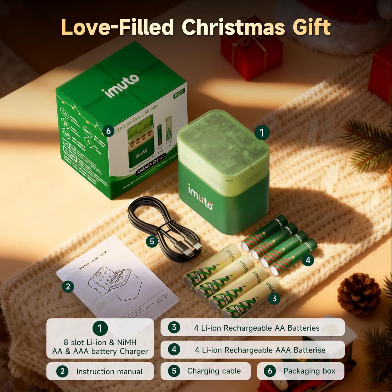 Contents of the imuto rechargeable battery and charger kit