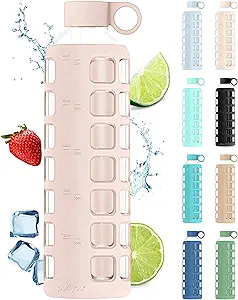 purifyou 40oz / 32oz / 22oz / 12oz Borosilicate Glass Water Bottle with Time & Volume Markers, Silicone Sleeve, Stainless Steel Lid | Reusable Glass Bottle for Water & Juice (32oz Hazelnut)