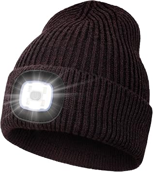 Wmcaps Unisex Hat with Light, USB Rechargeable LED Beanie, Winter Warm Knitted Headlamp Hat Gifts for Men Him Dad Husband