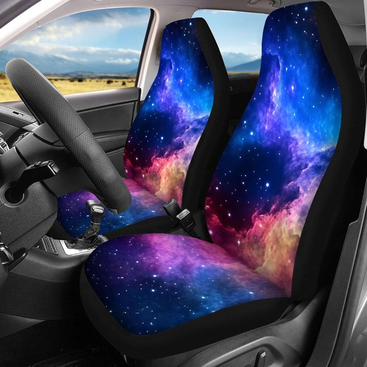 AFPANQZ Nebula Galaxy Print Car Seat Covers for Travel Universal Size Fit for Most Cars SUVs Trucks Elastic Fabric Full Set Front & Back 4pcs Sun Protect Auto Interior Protection Decor Purple Blue