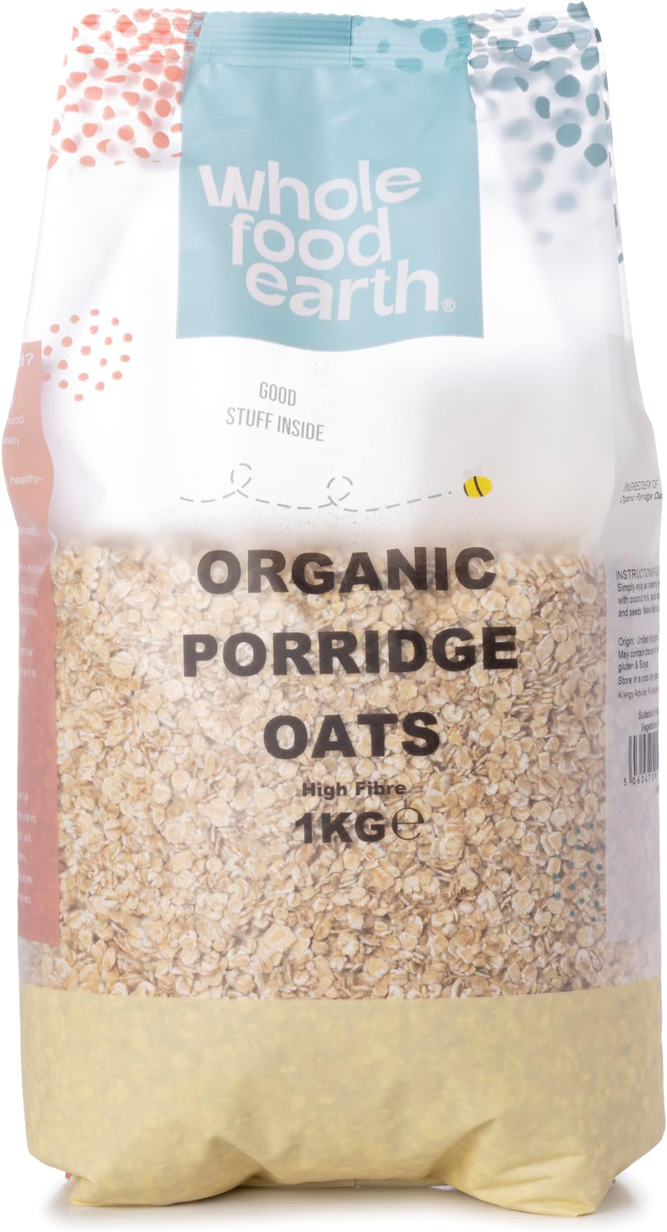 Wholefood Earth Organic Porridge Oats โ 1 kg | GMO Free | Vegan | High Fibre | Certified Organic