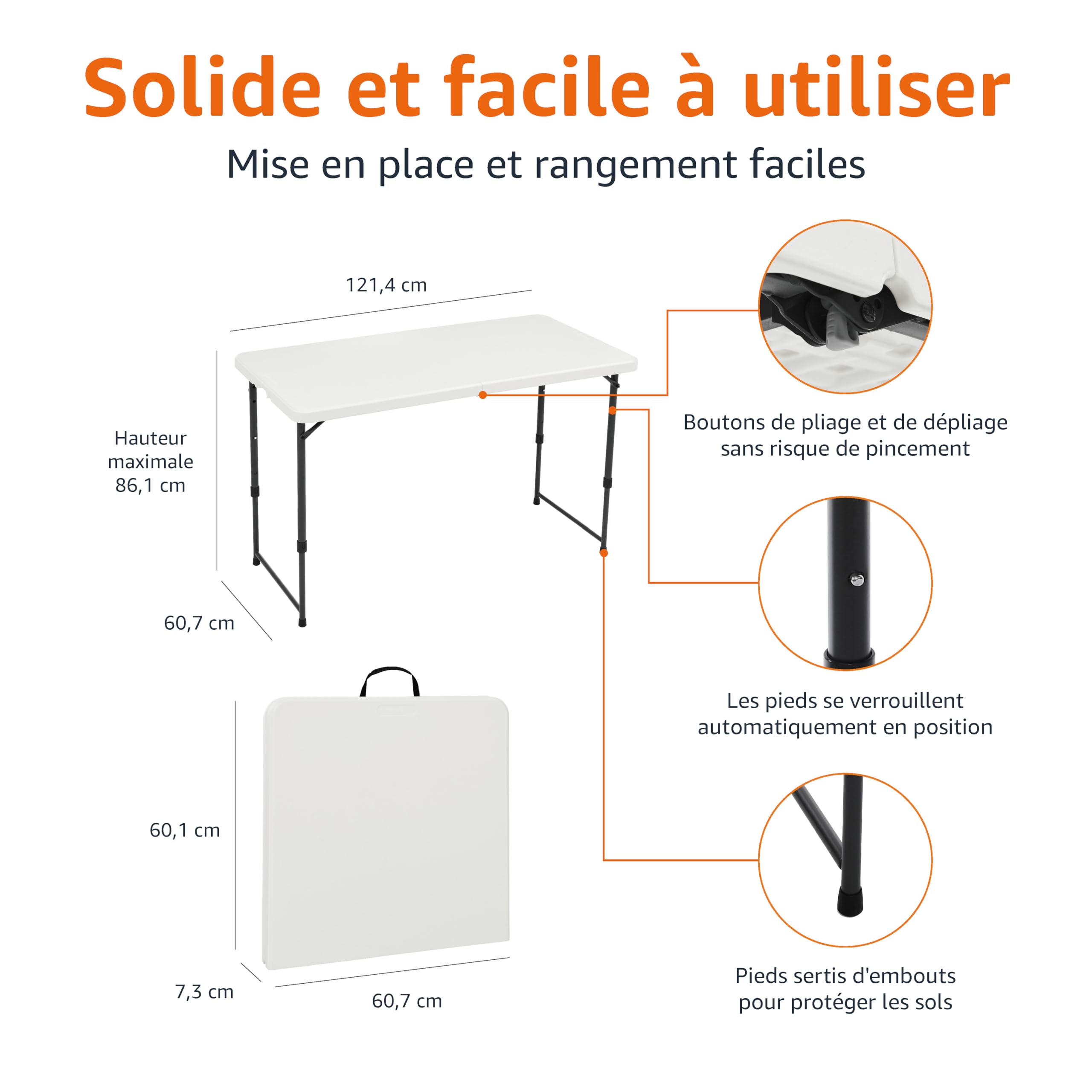 Amazon Basics Table Pliante rectangulaire Blanche, 4 hauteurs réglables, poignée de Transport, pour intérieur et extérieur, Portable, légère, pour Voyage, Pique-Nique, Camping, 121,4 x 60,7 x 86,1 cm