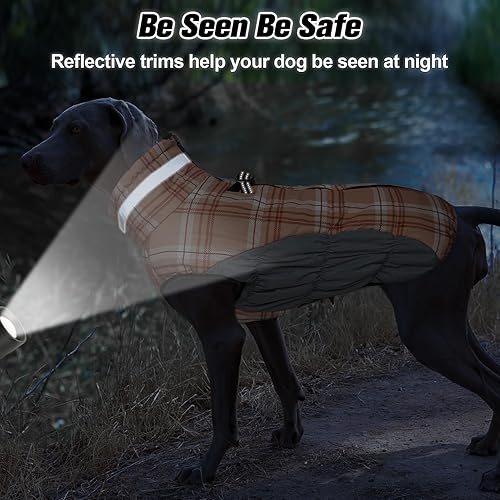 Miniatura 5 de BEAUTYZOO Abrigo de invierno a cuadros para perro, chaqueta reflectante mejorada para perro, forro polar acolchado con arnés integrado, ropa