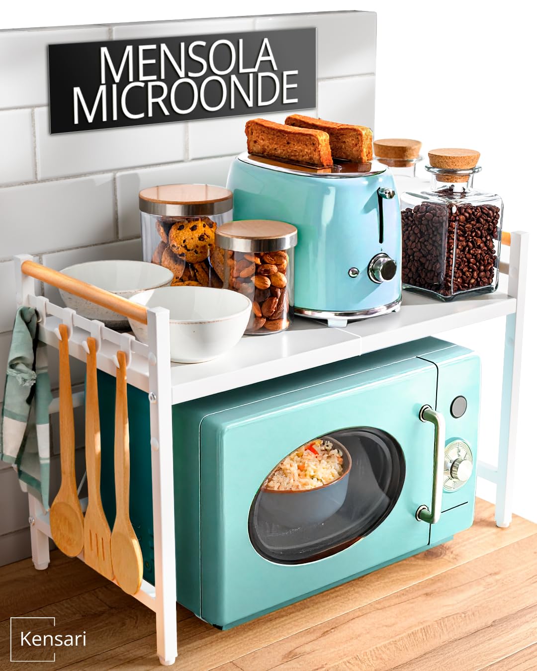 Mensola Microonde Salvaspazio, Supporto Cucina Regolabile con Ripiano Espandibile, Scaffale per Forno e Mobiletto Cucina, Organizzatore Bianco con Manici in Legno Design Minimalista