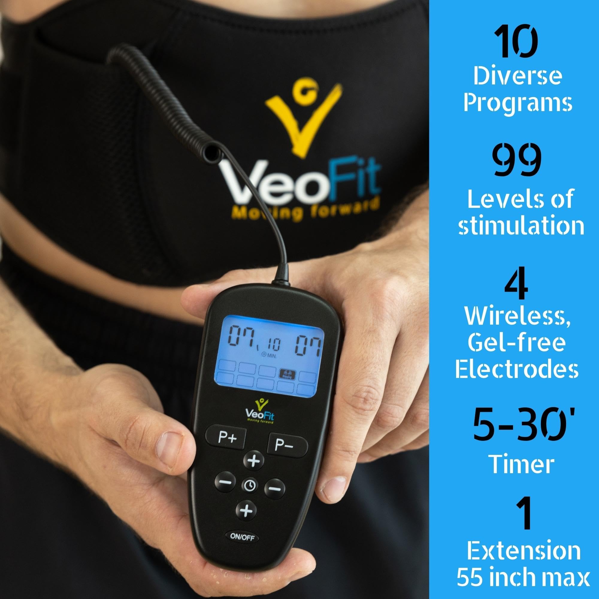 VEOFIT Ceinture Abdominale Electrostimulation et Musculation EMS- Appareil Electrostimulateur Musculaire Abdominaux Homme et Femme - 10 Programmes 99 Intensités - Sans fil, avec gel-Taille maxi 140 cm