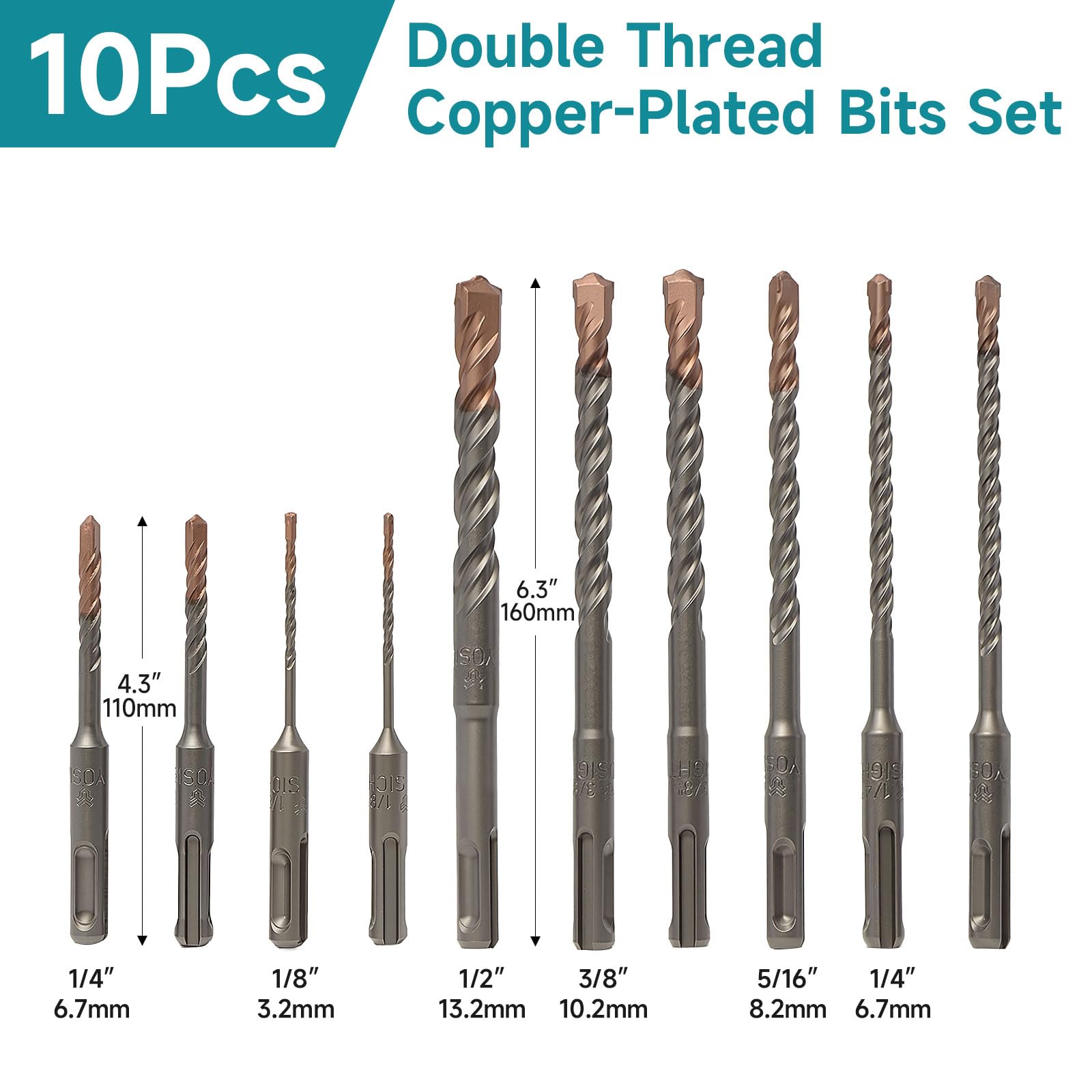 Juego de 10 brocas de martillo giratorio, brocas SDS Plus con punta de carburo, brocas de doble rosca para chapado en cobre, herramientas para hormigón, ladrillo, piedra y otros materiales de
