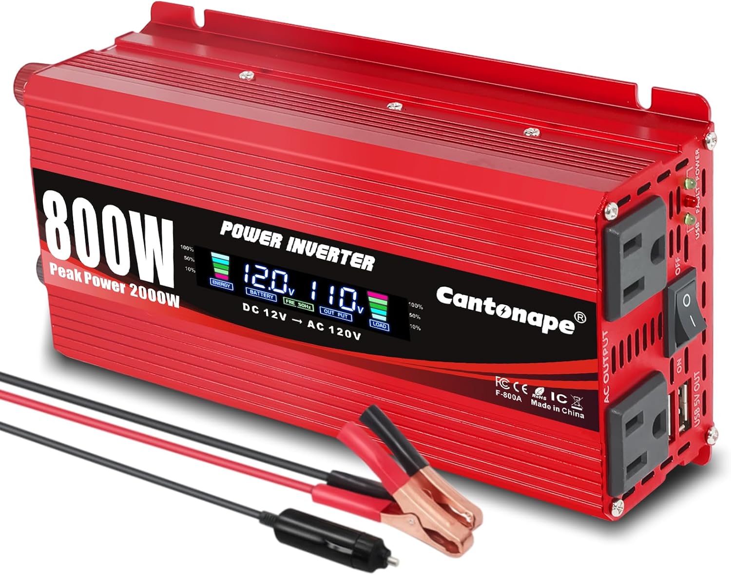 Cantonape 800W Car Power Inverter DC 12V to 110V/120V AC Converter with LCD Display Dual AC Outlets and USB Port Car Charger for Car Laptop Truck Red
